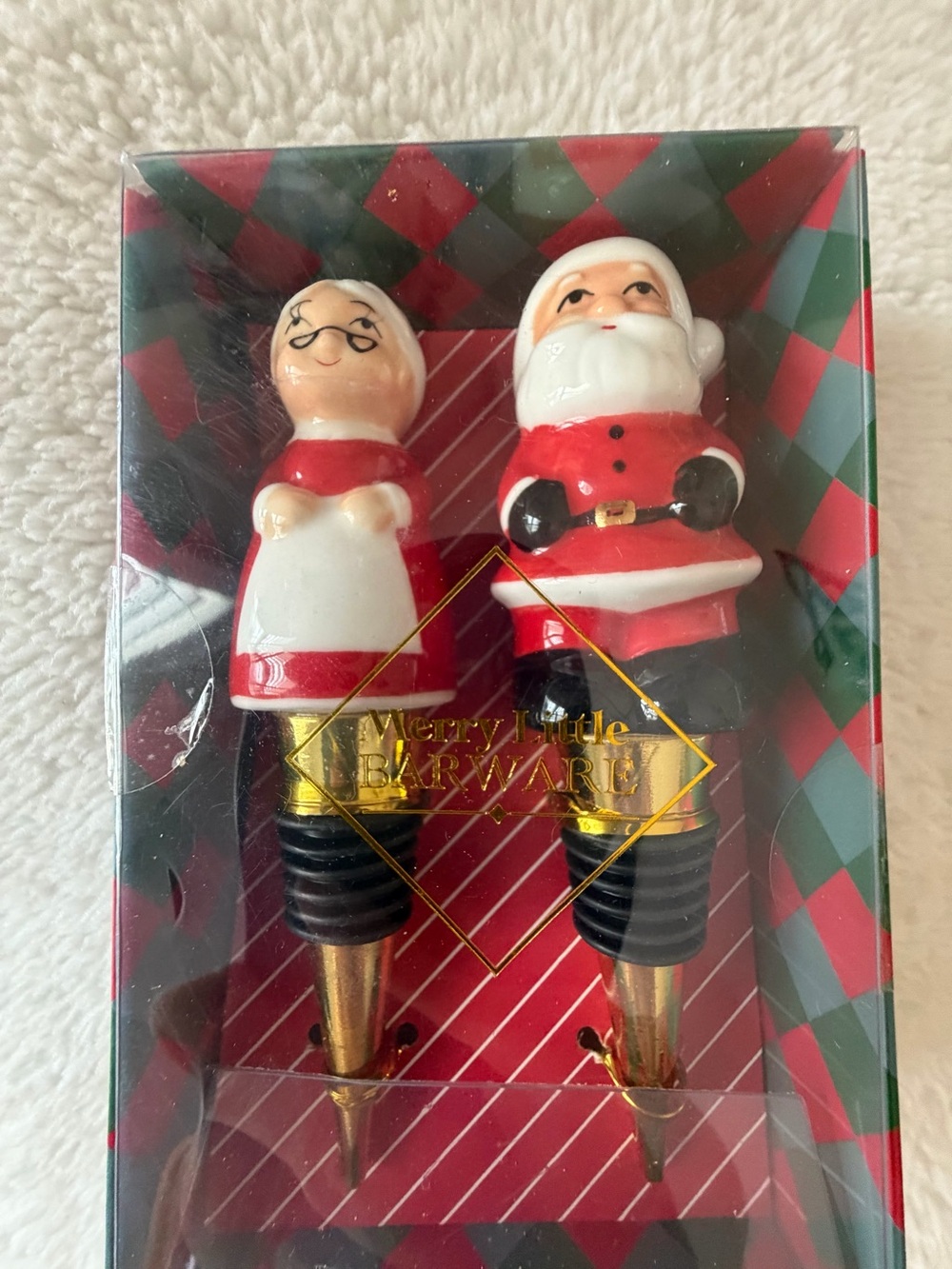 Santa & Mrs. Claus Holiday Wine Bottle Stoppers - Red and White